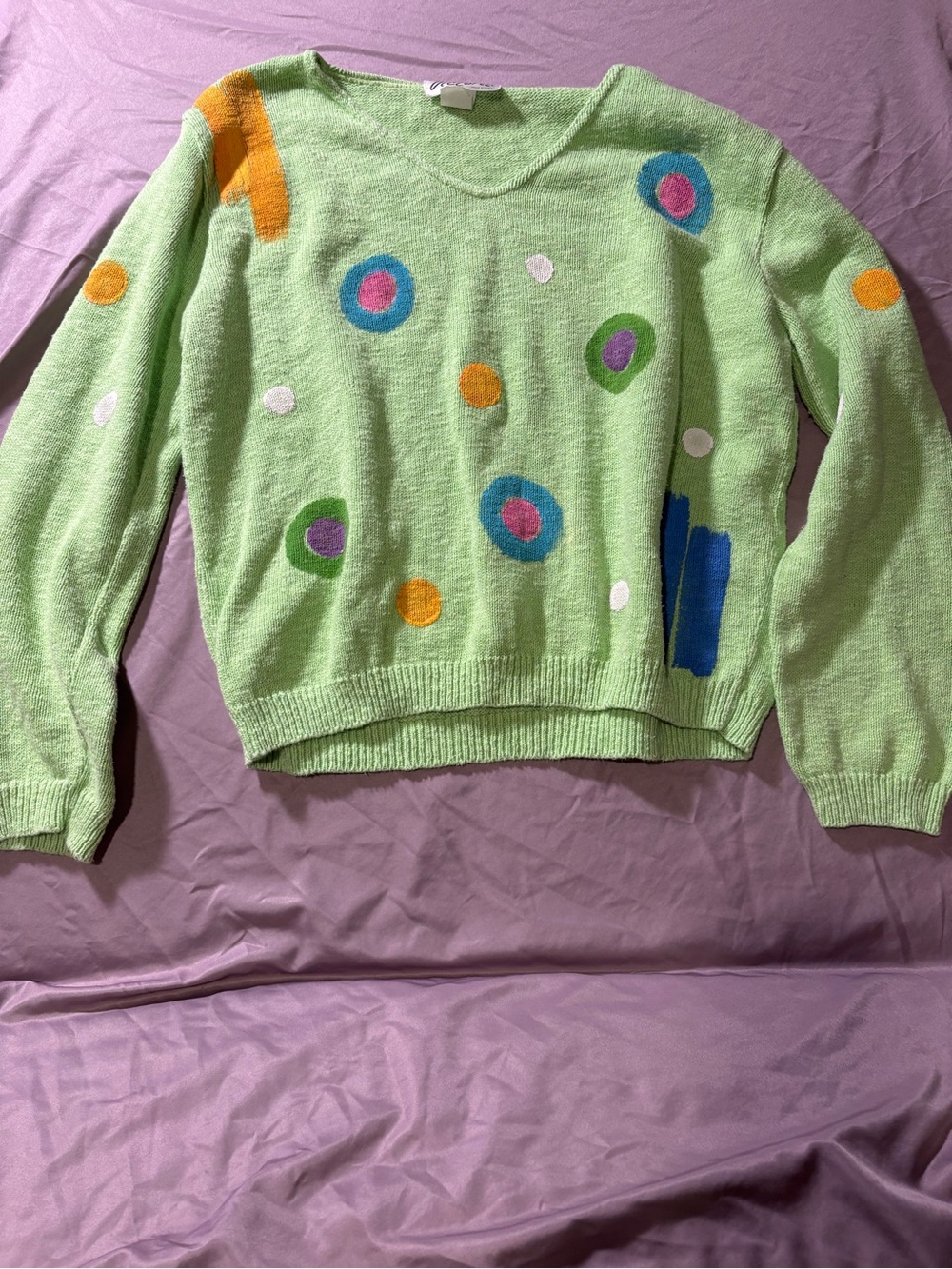 Vintage painted Light Green Crewneck Sweater with Multicolor Dot Accents